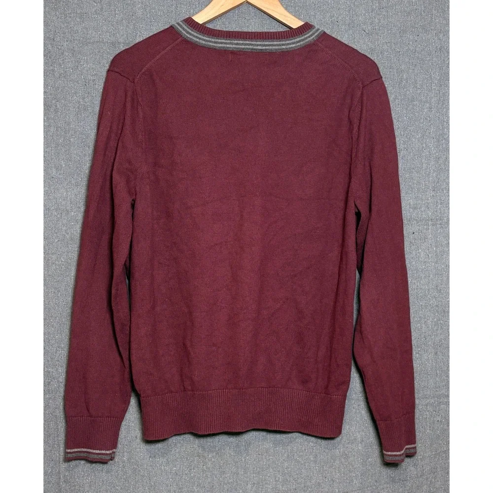 Banana Republic‎ Mens V-Neck Sweater Burgundy Cotton Cashmere Striped Trim Sz M